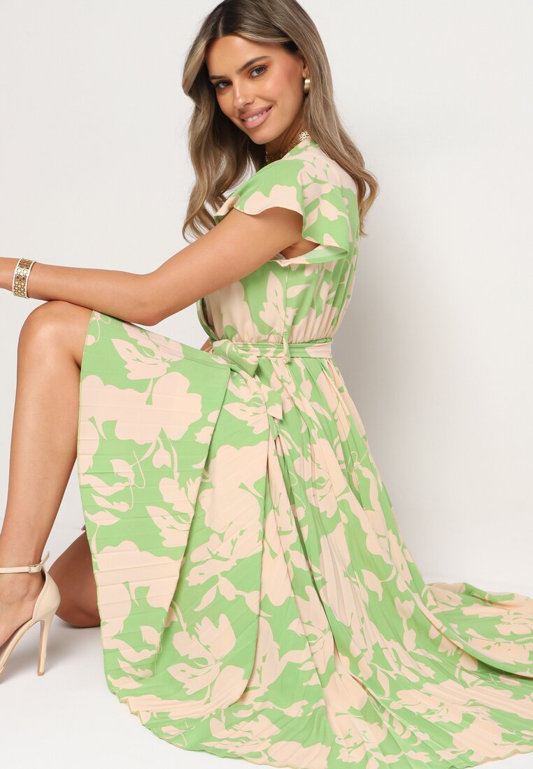 Rochie Plisată De Cocktail Verde-Bej cu Decolteu Petrecut, Curea și Talie Elastică Anelsea