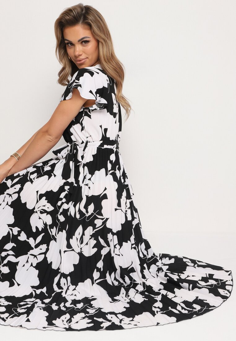 Rochie de cocktail negru-albă plisată cu decolteu petrecut curea și elastic în talie Anelsea