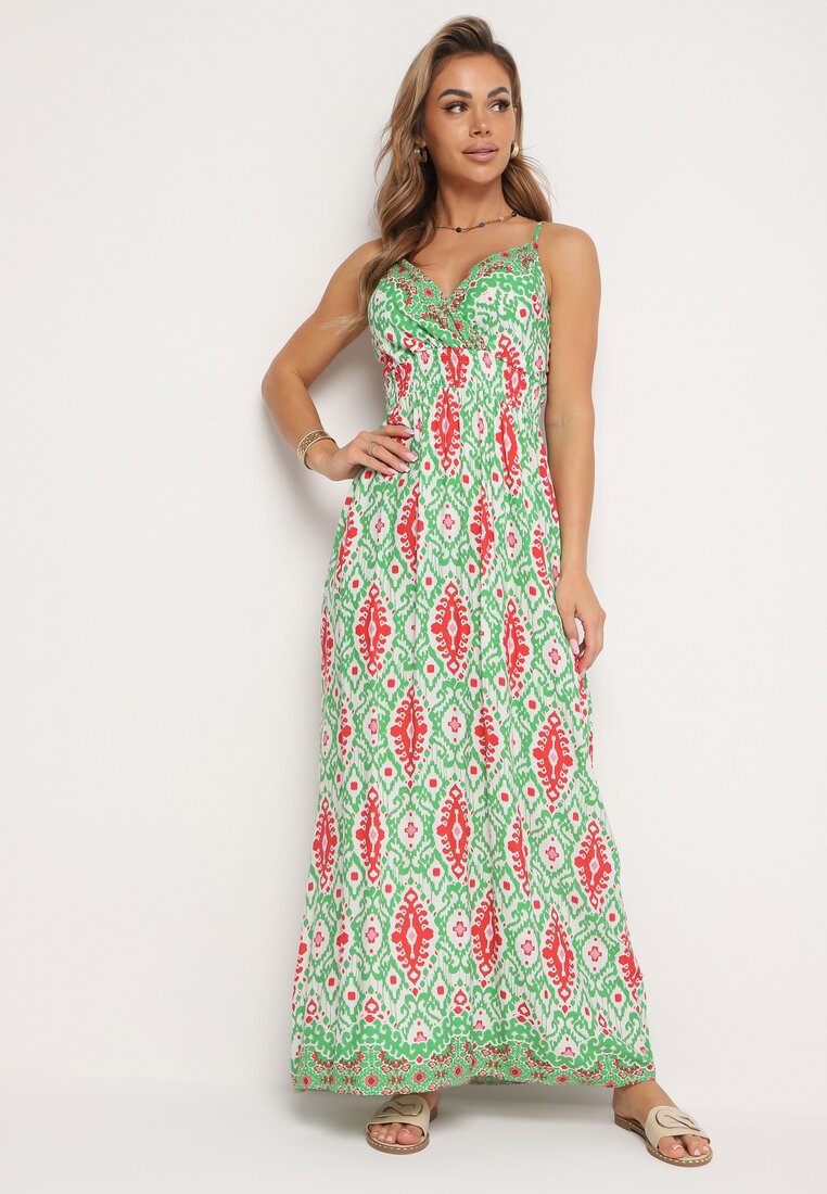 Rochie Taliată Verde din Viscoză cu Bretele Reglabile cu Elastic în Talie Zenadea