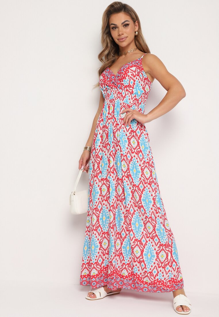 Rochie Roșie Cambrată din Viscoză cu Bretele Reglabile cu Elastic în Talie Zenadea