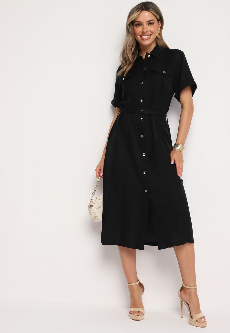 Rochie Neagră de viscoză cu croială tip cămașă cu centură Nelavyn