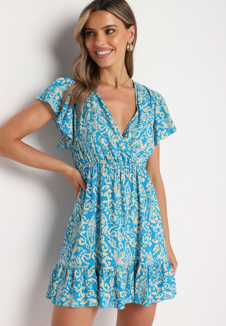 Rochie albastră cloș din bumbac cu elastic în talie și volane Nelsea