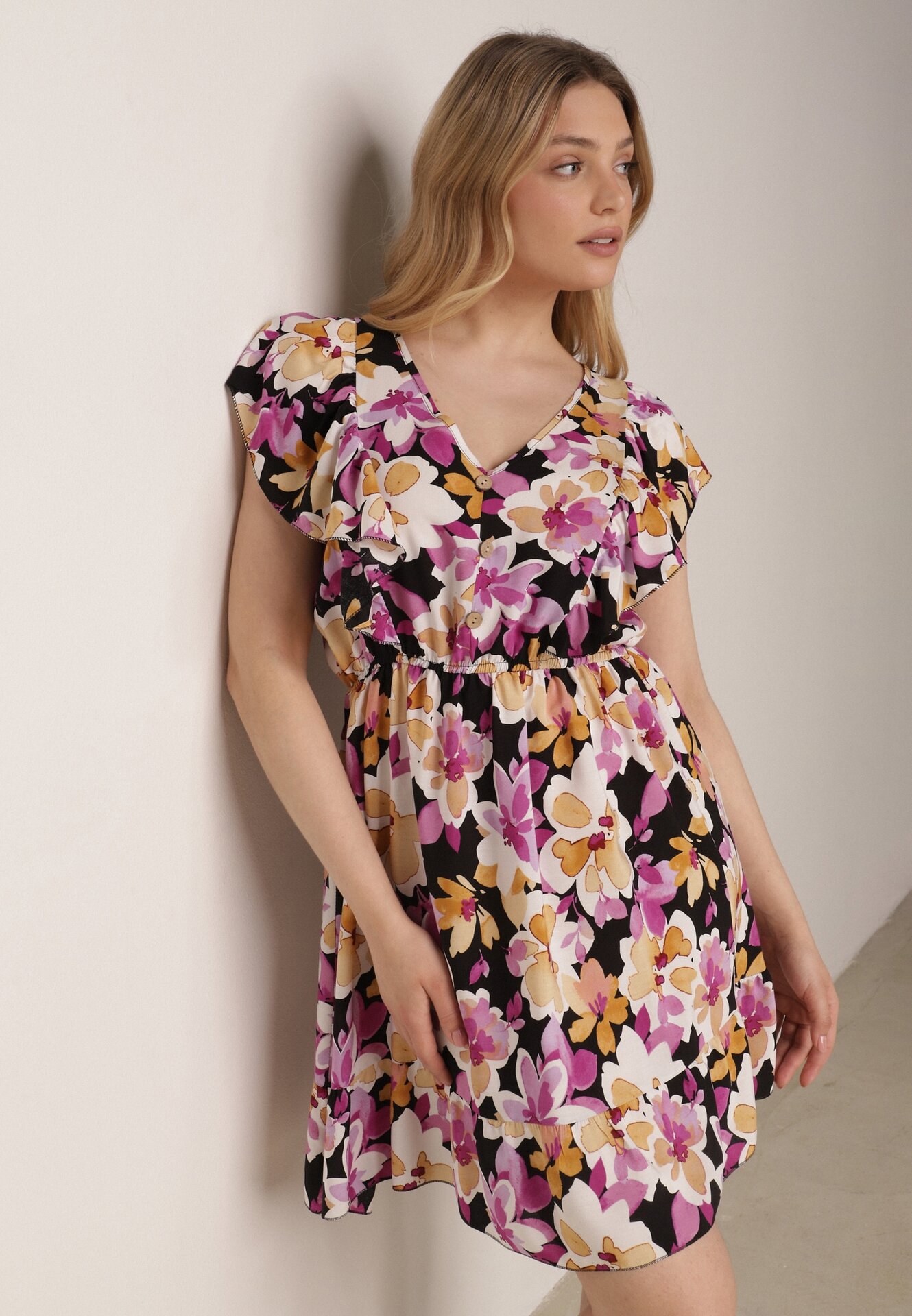 Rochie Negru-Roz Evazată din Bumbac cu Imprimeu Floral cu Elastic în Talie cu Volane Nelsara