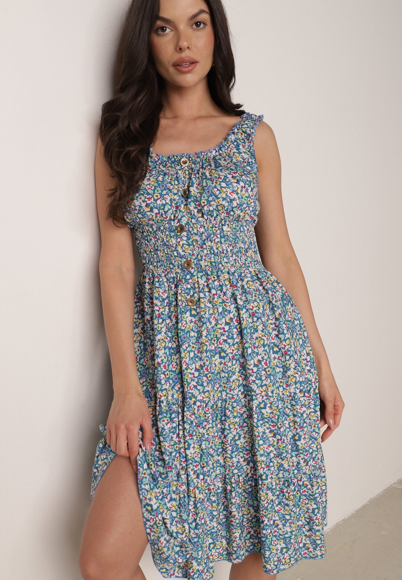 Rochie Evazată Albastră din Bumbac Cu elastic în Talie Nelaris