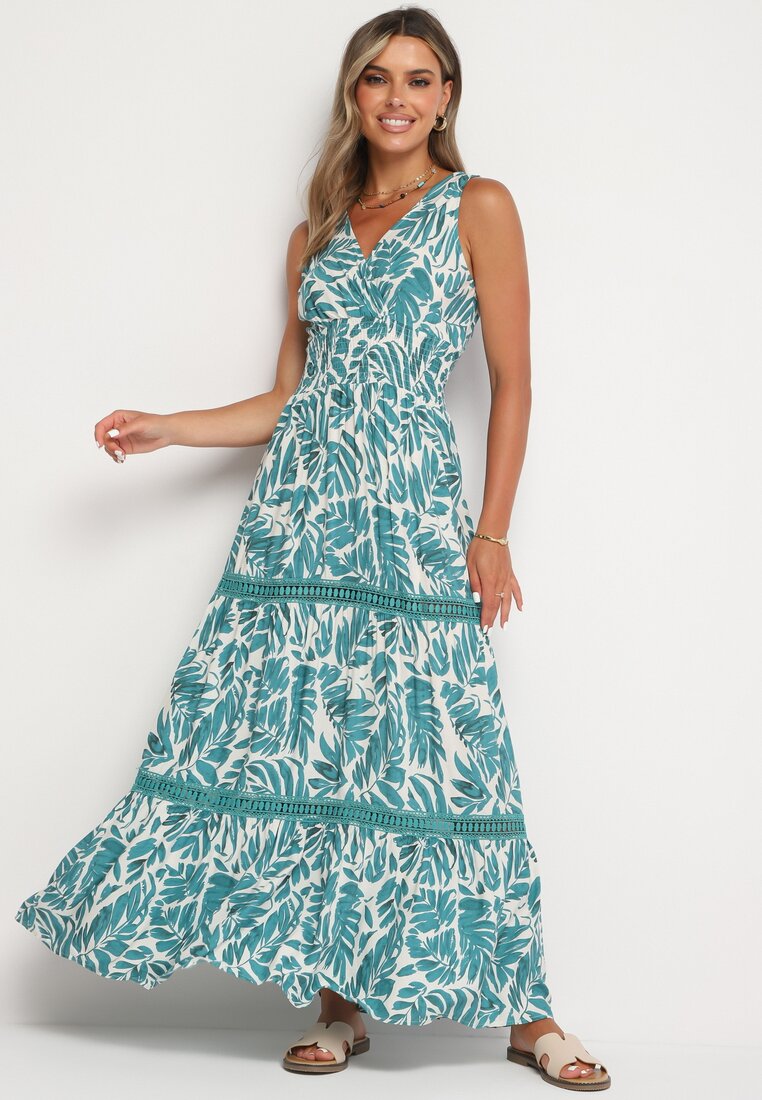 Rochie verde-albă din bumbac cu imprimeu floral, cu legătură la gât și elastic în talie Rivasna