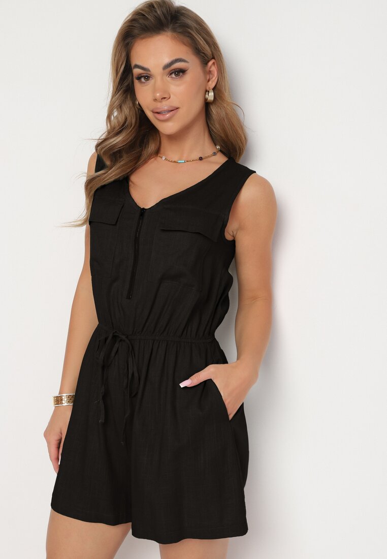 Salopetă Neagră Cămbrată Din Bumbac Cu Elastic În Talie Cu Fermoar Tennea