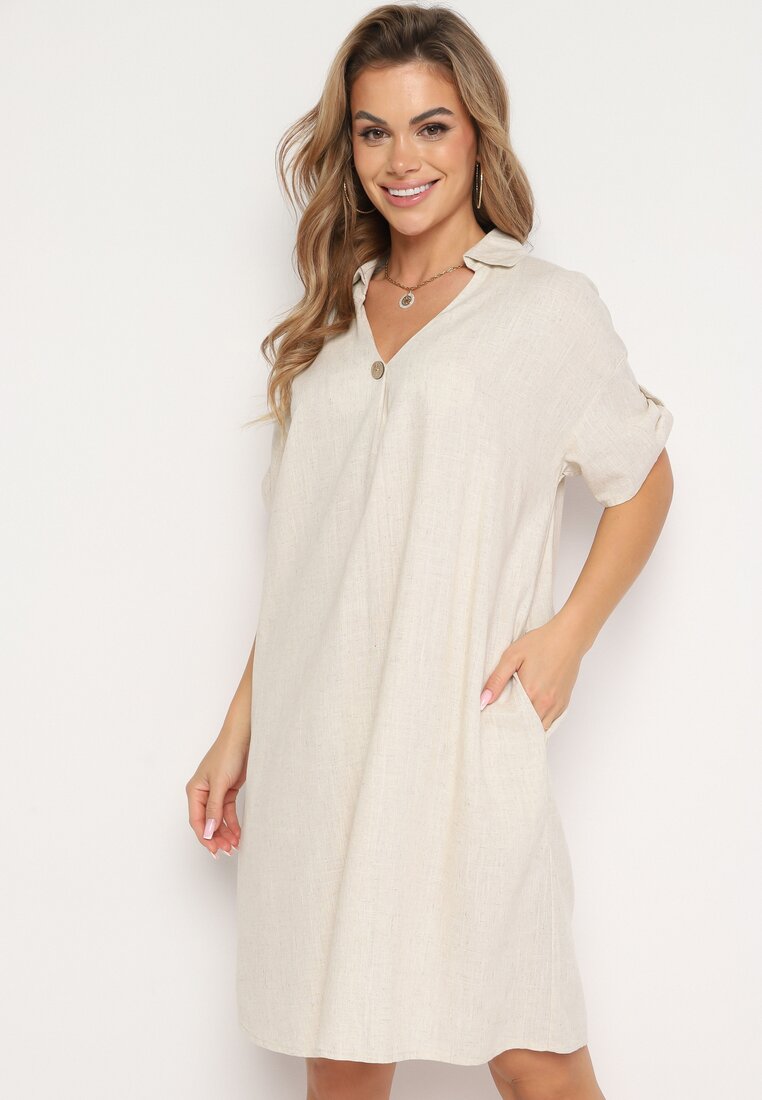 Rochie Tip Cutie Bej din Bumbac cu Mâneci Suflecate Carinea