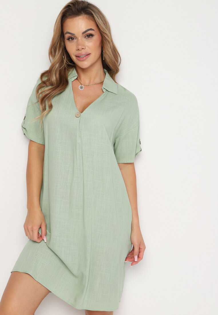 Rochie Tip Cutie Verde din Bumbac cu Mâneci Suflecate Carinea