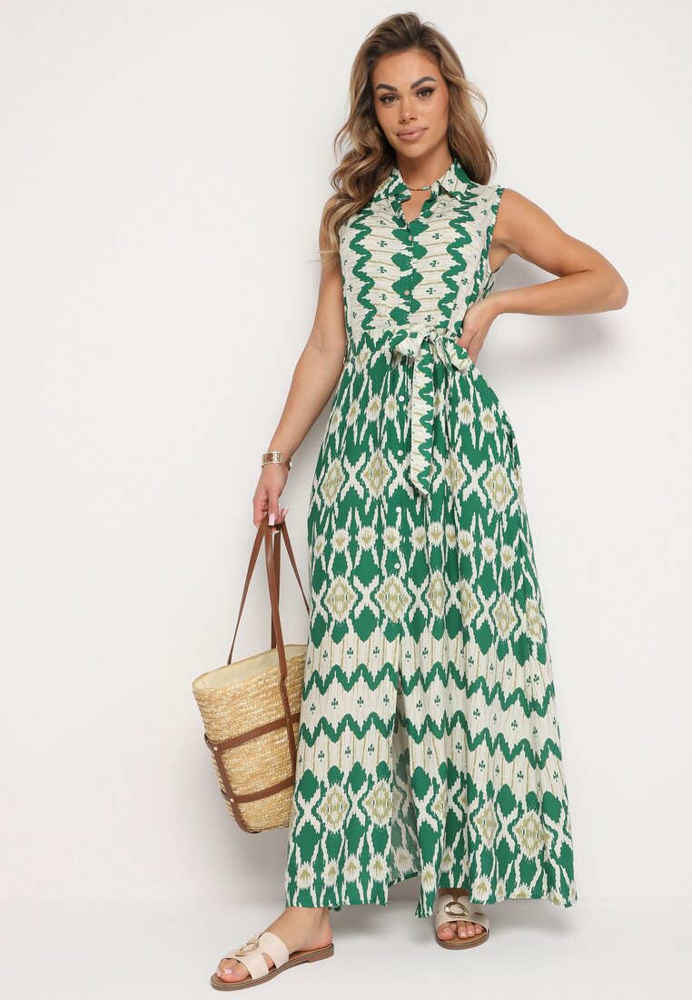 Rochie tip cămașă verde din Viscoză cu fusta evazată și cordon în talie Drivima