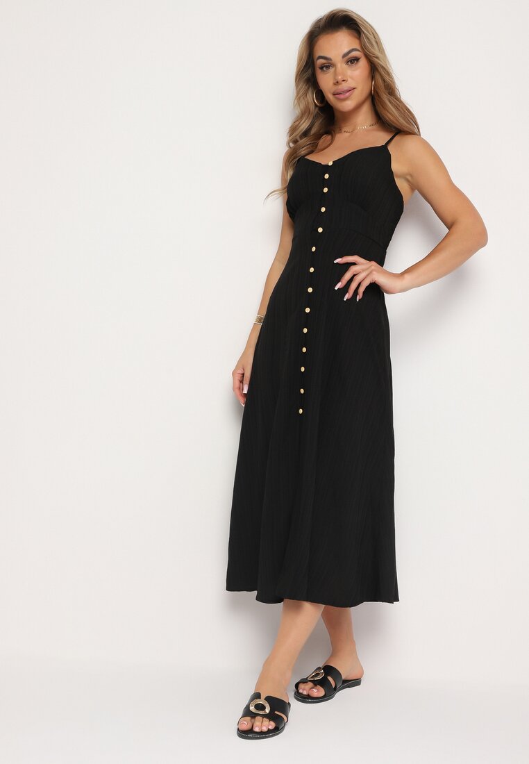 Rochie Neagră cu bretele subțiri reglabile închisă cu nasturi Palfea