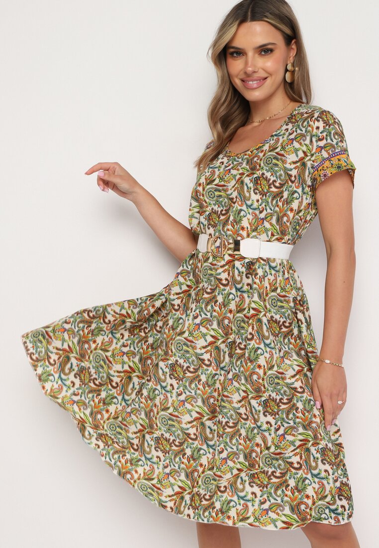 Rochie Bej-Verde din viscoză Evazată cu model Paisley Mastis