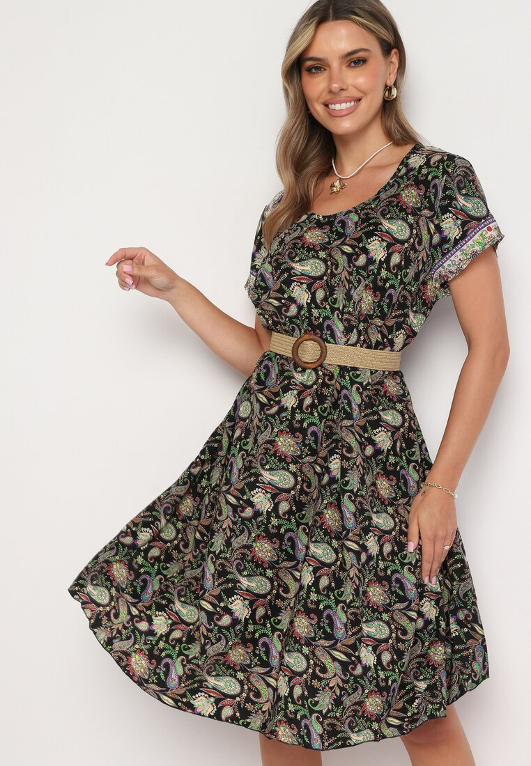 Rochie Vâscoză Negru-Verde Cloș cu Model Paisley Mastis