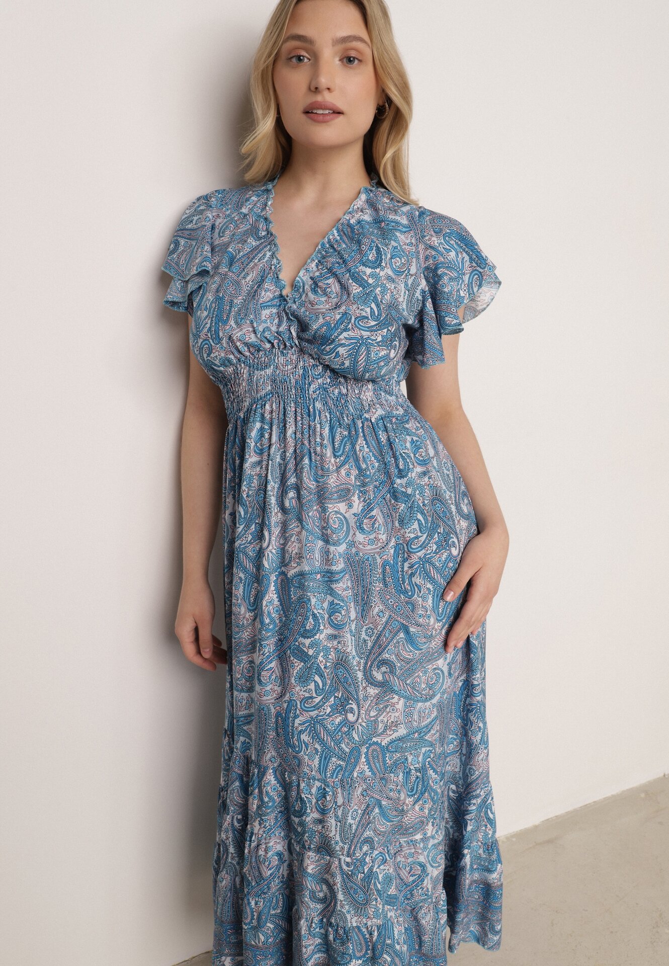 Rochie Albastră Evazată Petrecută din Bumbac cu model Paisley cu elastic în talie Zonne