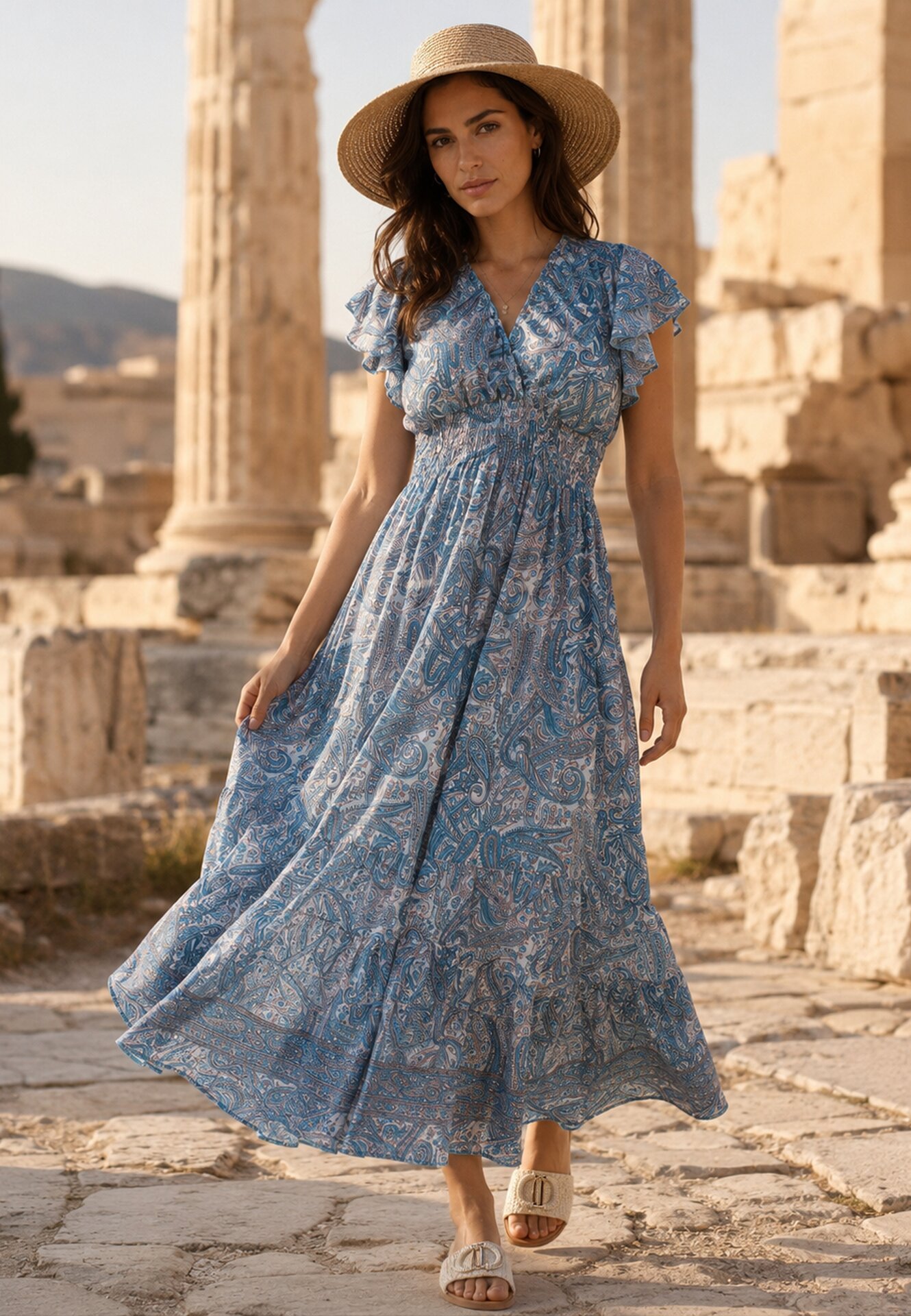 Rochie Albastră Evazată Petrecută din Bumbac cu model Paisley cu elastic în talie Zonne