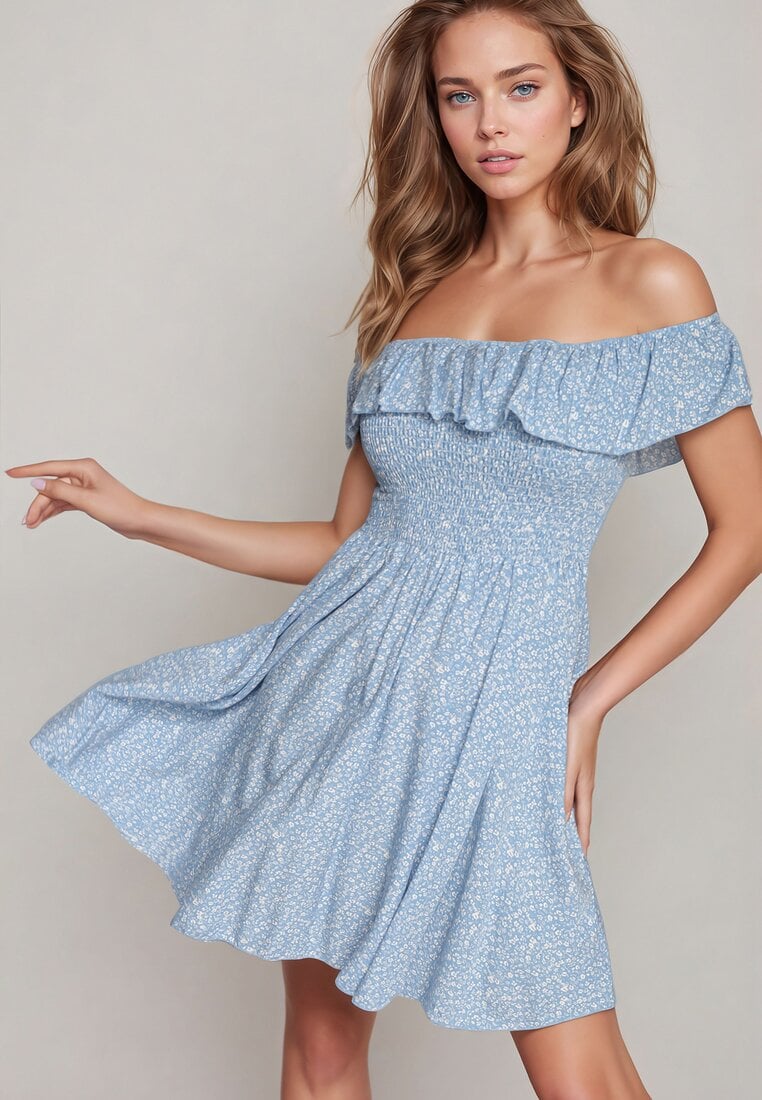 Rochie albastră de bumbac cu decolteu spaniol și top încrețit cu imprimeu floral Samorea