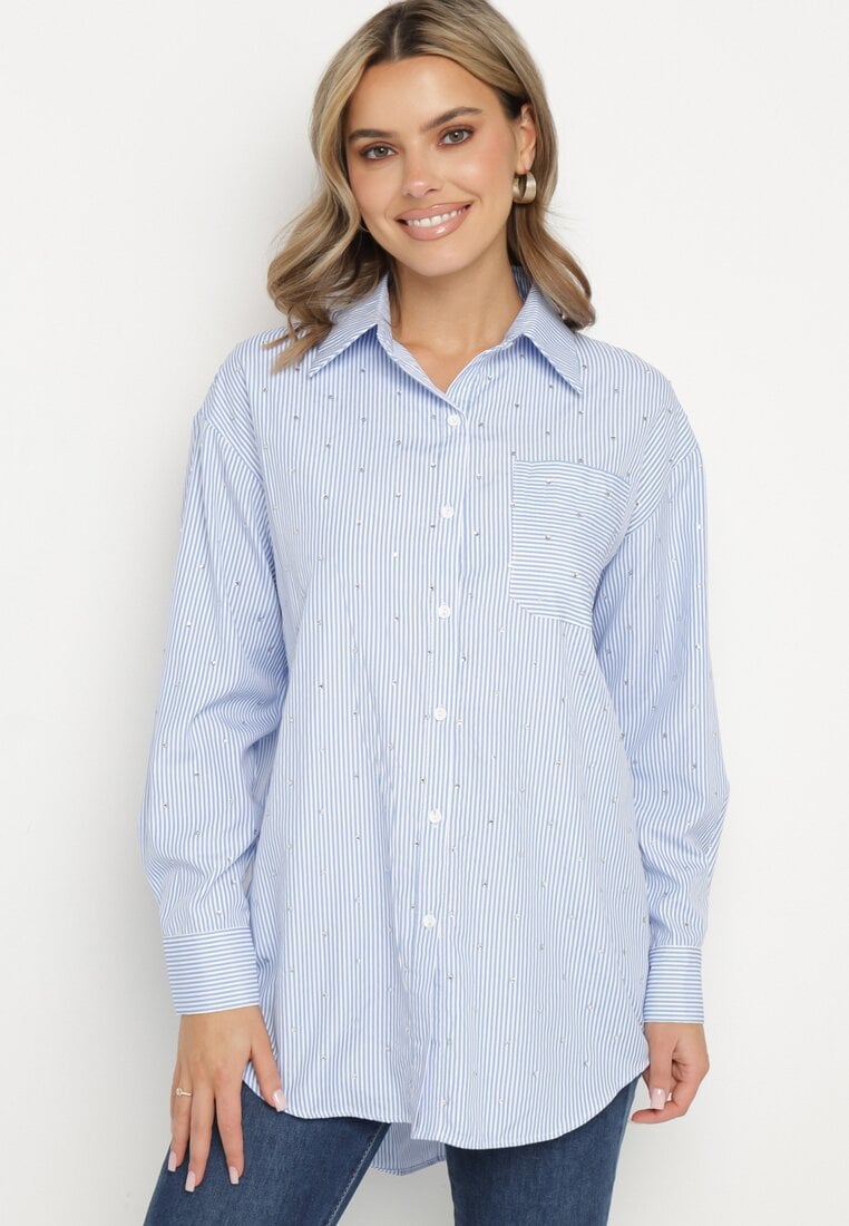 Cămașă albastră cu dungi verticale cu nasturi cu spate mai lung Nellthira