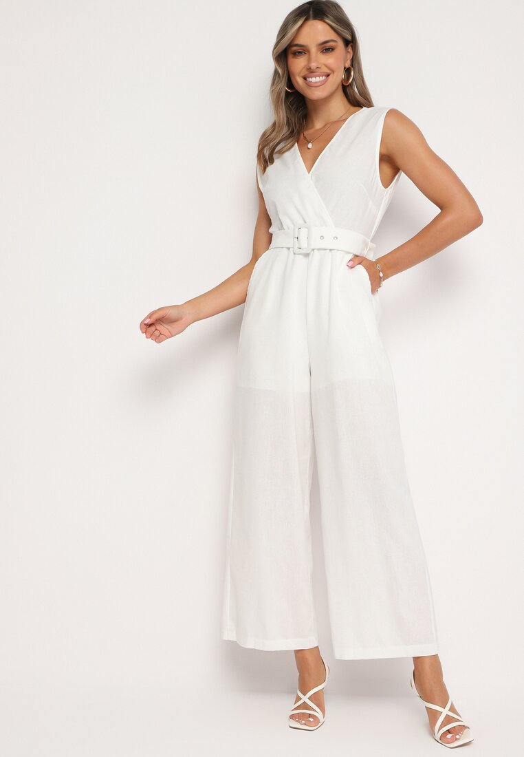 Salopetă Albă tip plic din Bumbac cu elastic în talie cu picioare largi și Curea Hralfrea