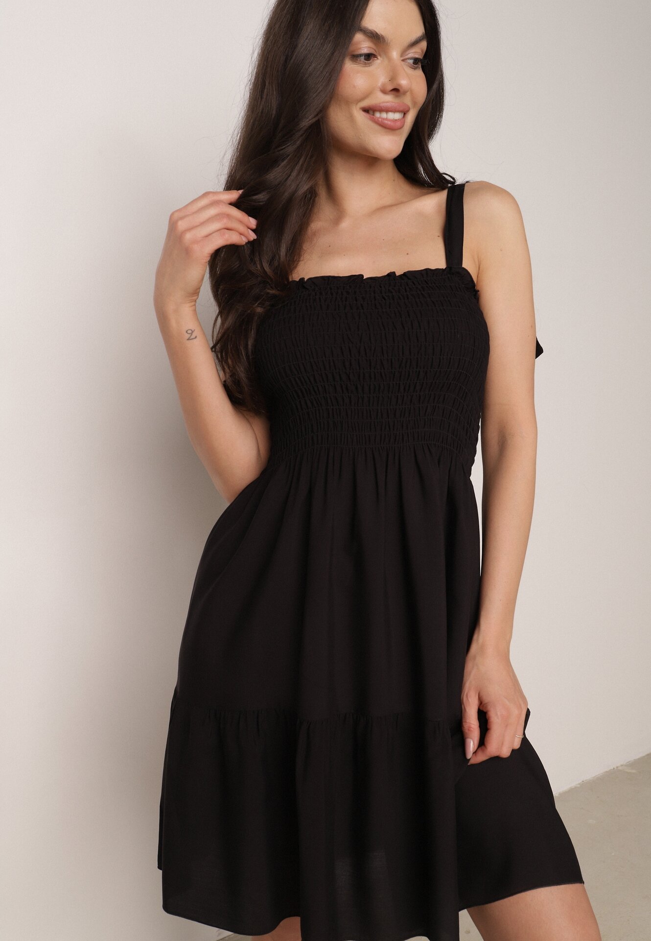 Rochie Cloș Negru din Bumbac cu elastic în Talie cu bretele Gelfea