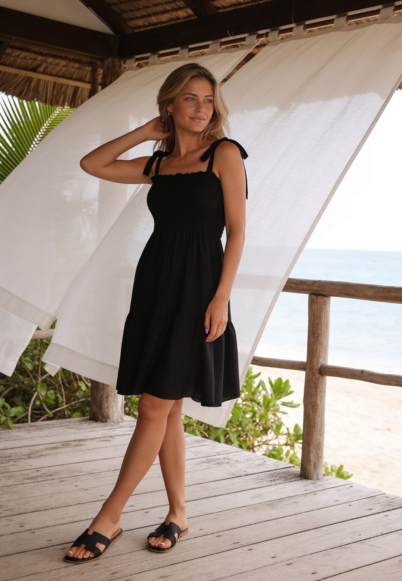 Rochie Cloș Negru din Bumbac cu elastic în Talie cu bretele Gelfea