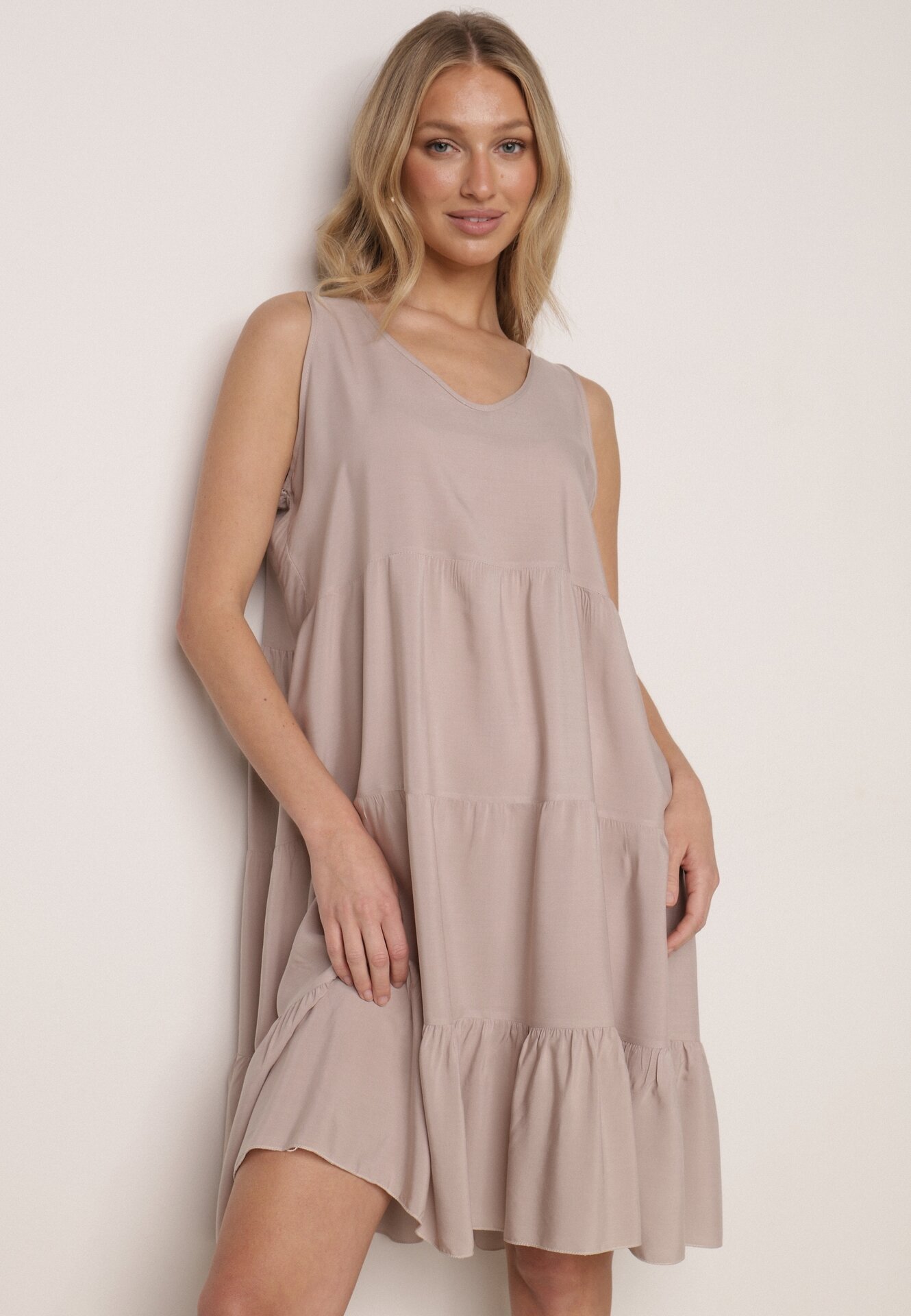 Rochie Evazată Bej din bumbac cu bretele Zasea