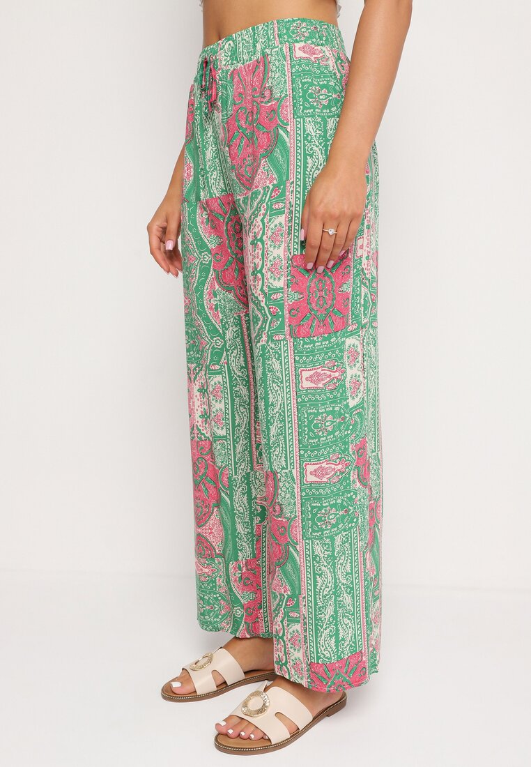 Pantaloni Palazzo Verde-Roz din Viscoză cu Elastic în Talie Lirfea