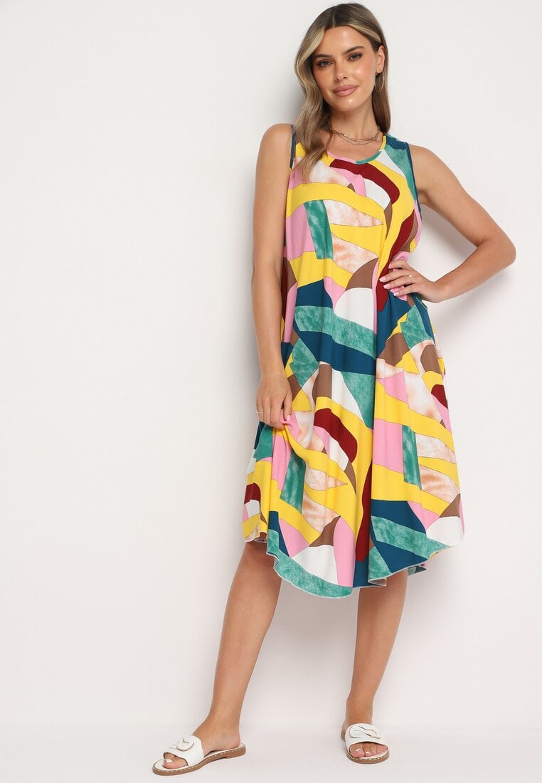 Rochie Galben-Verde Evazată din Viscoză Zalflea