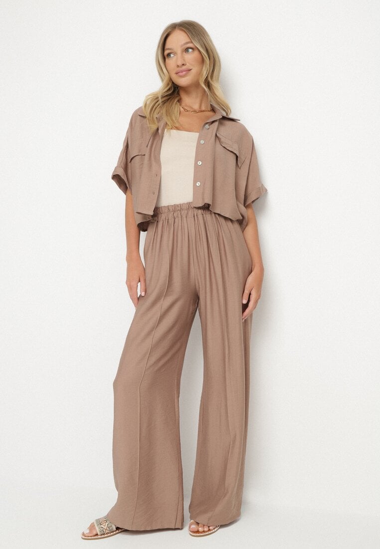 Compleu maro din viscoză din 2 piese Cămașă lejeră Pantaloni largi Ulvitela