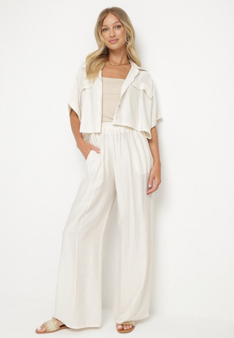 Komplet Bej din Viscoză 2 piese Cămașă Lejeră Pantaloni cu crac larg Ulvitela