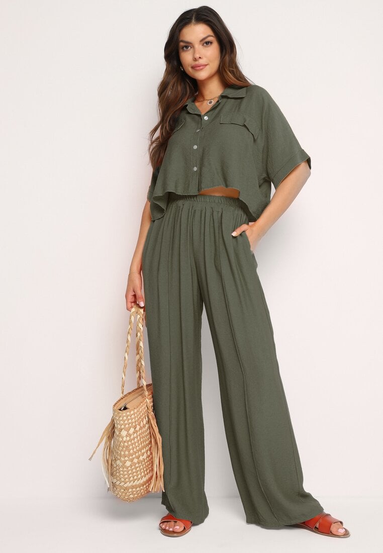 Set din 2 piese Verde închis Din viscoză Cămașă lejeră Pantaloni cu picioare largi Ulvitela