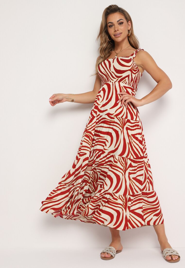 Rochie Roșie-Bej din Viscoză Evazată cu Bretele și Decolteu Pătrat Lezorea