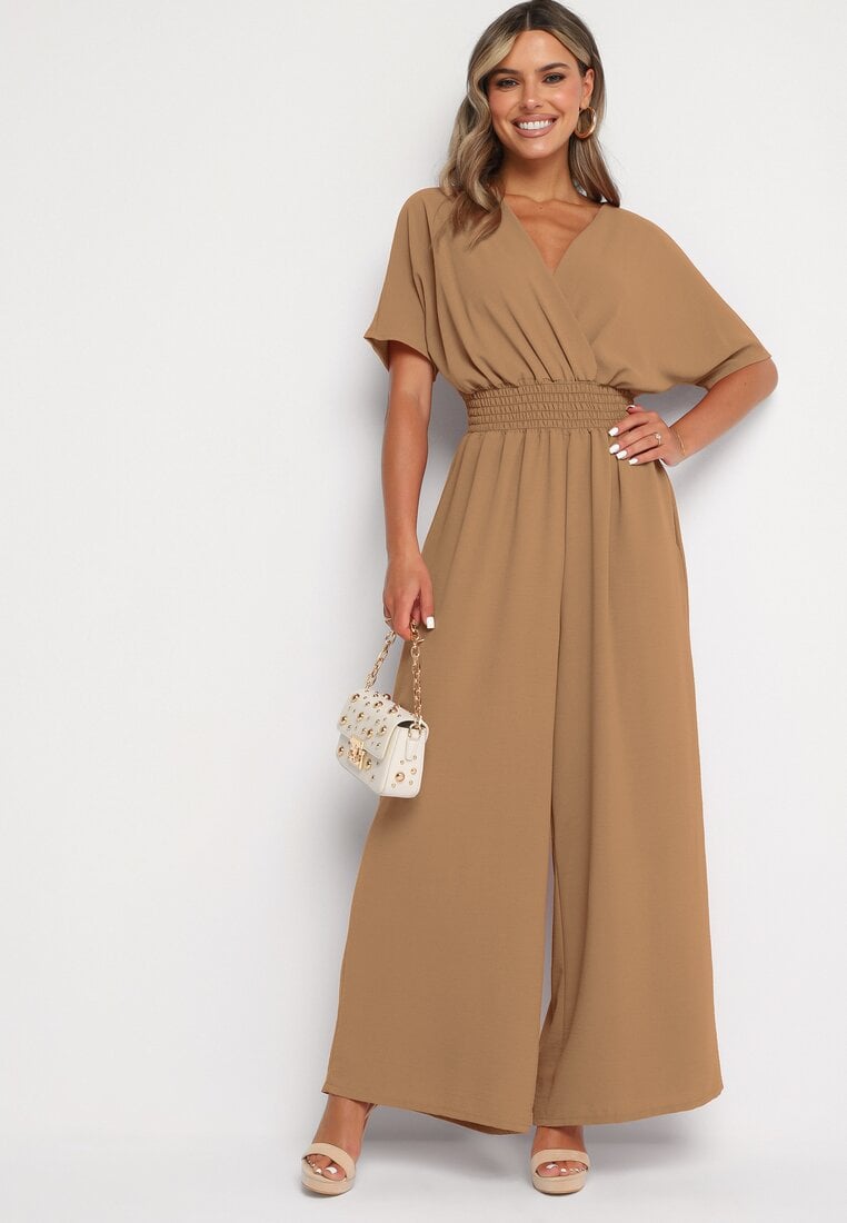 Salopetă maro petrecută cu elastic în talie și picioare largi Vimashea