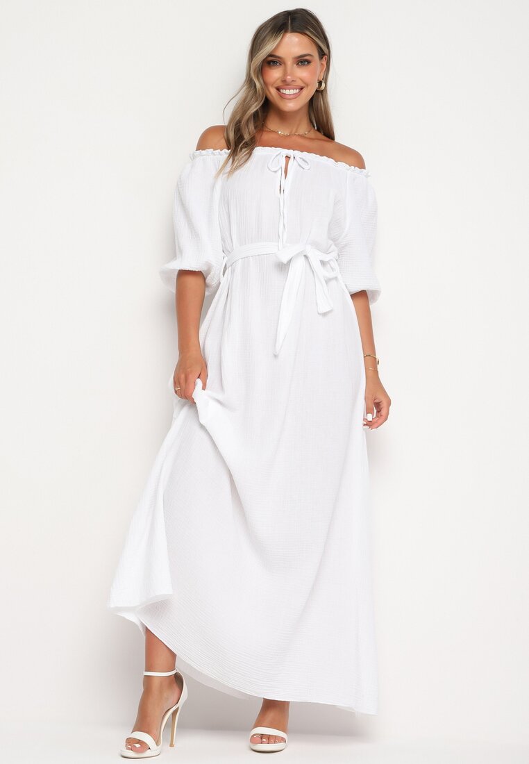 Rochie Albă Trapezoidală din Muselină de Bumbac cu Centură și Elastic în Talie Vimarinn