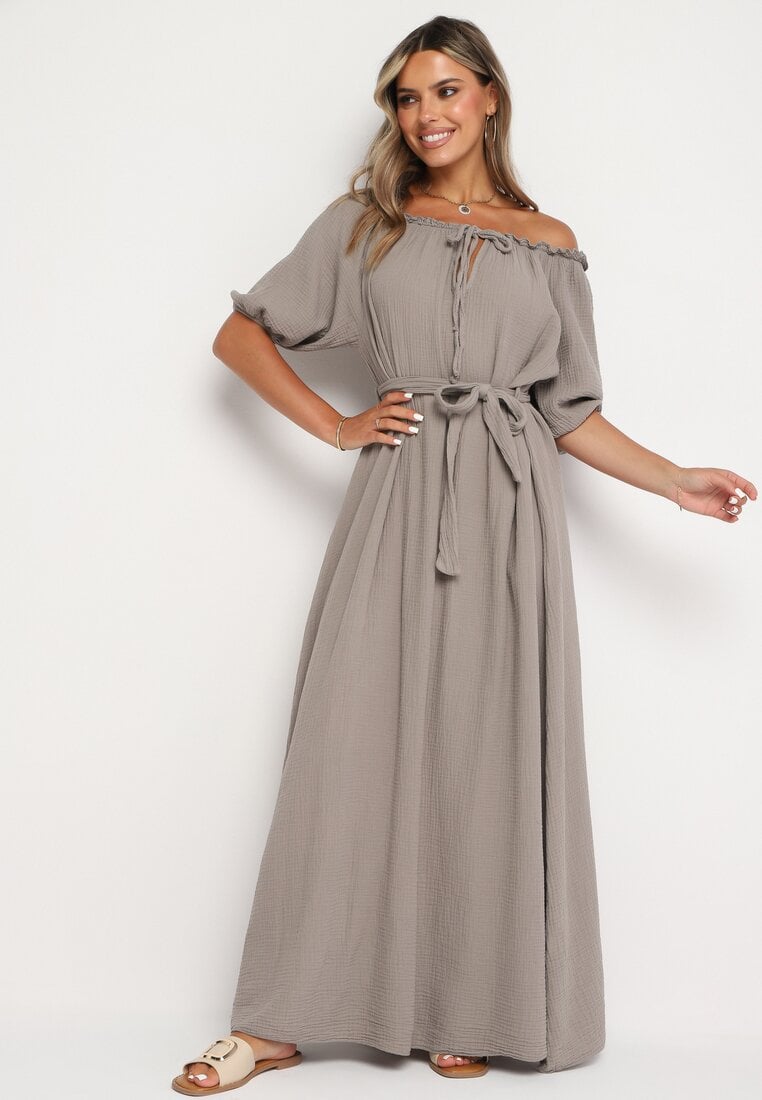 Rochie Bej Trapez Muselină din Bumbac cu Cordon și Elastic în Talie Vimarinn