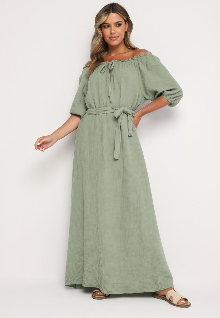 Rochie trapezoidală din muselină de bumbac verde închis cu curea și elastic în talie Vimarinn