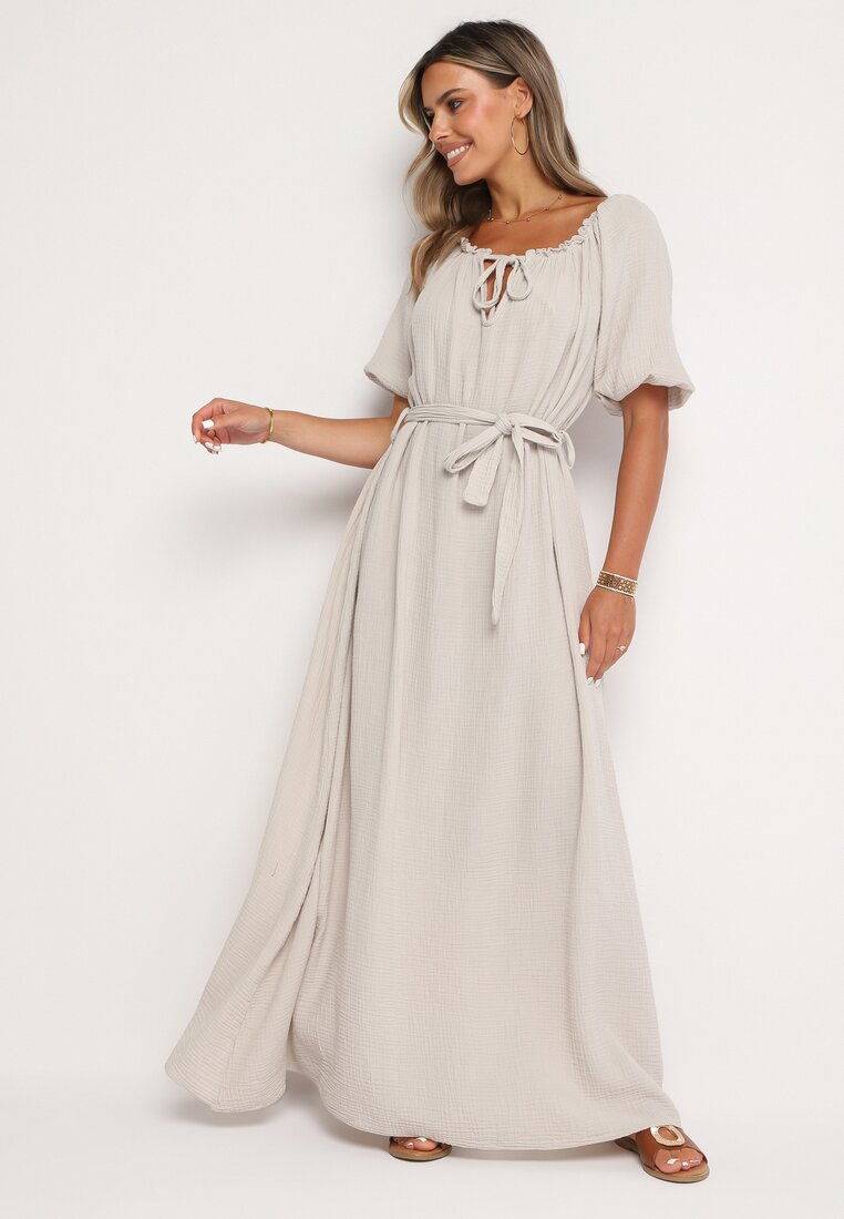 Rochie bej deschis trapezoidală din muselină de bumbac cu curea și elastic în talie Vimarinn