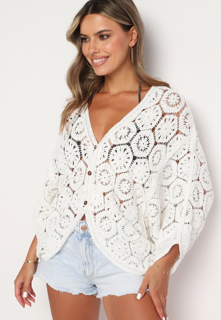 Cardigan Alb din bumbac stil narzută cu nasturi Nelvitela