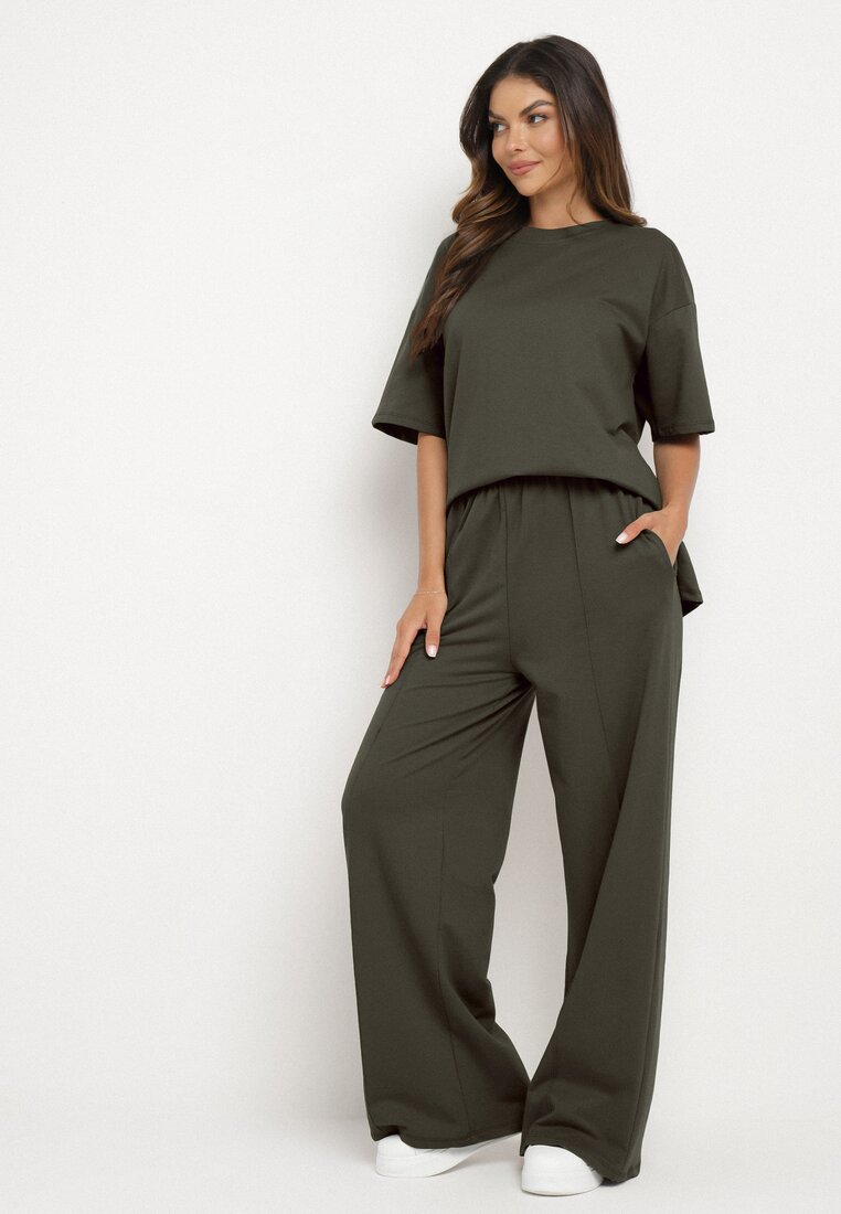 Set Din bumbac Verde închis Bluză cu despicături laterale și Pantaloni largi cu elastic în talie Undrea