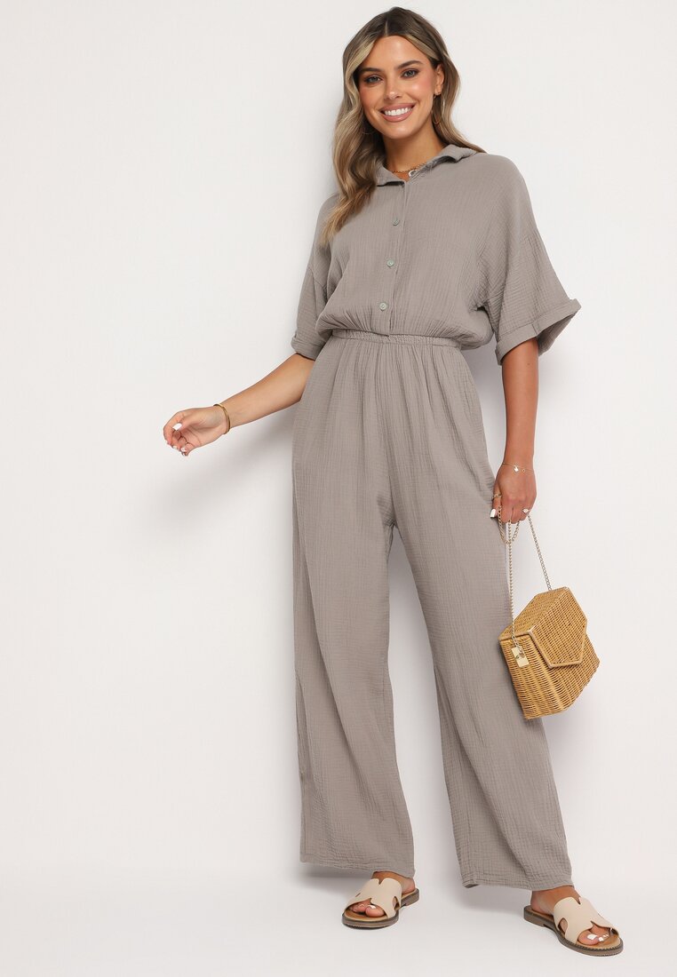 Salopetă de bumbac bej închis cu partea de sus stil cămașă și pantaloni drepți Namsore