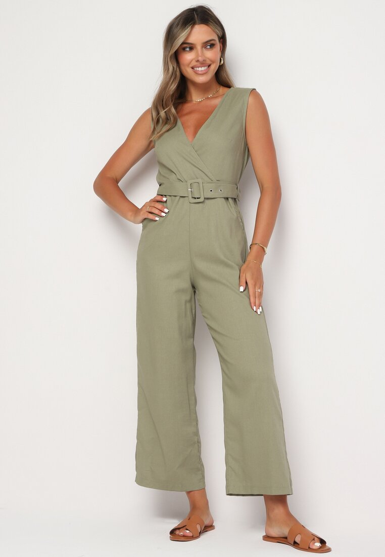 Salopetă Verde închis petrecută din bumbac cu elastic în talie, cu picioare largi și curea Hralfrea