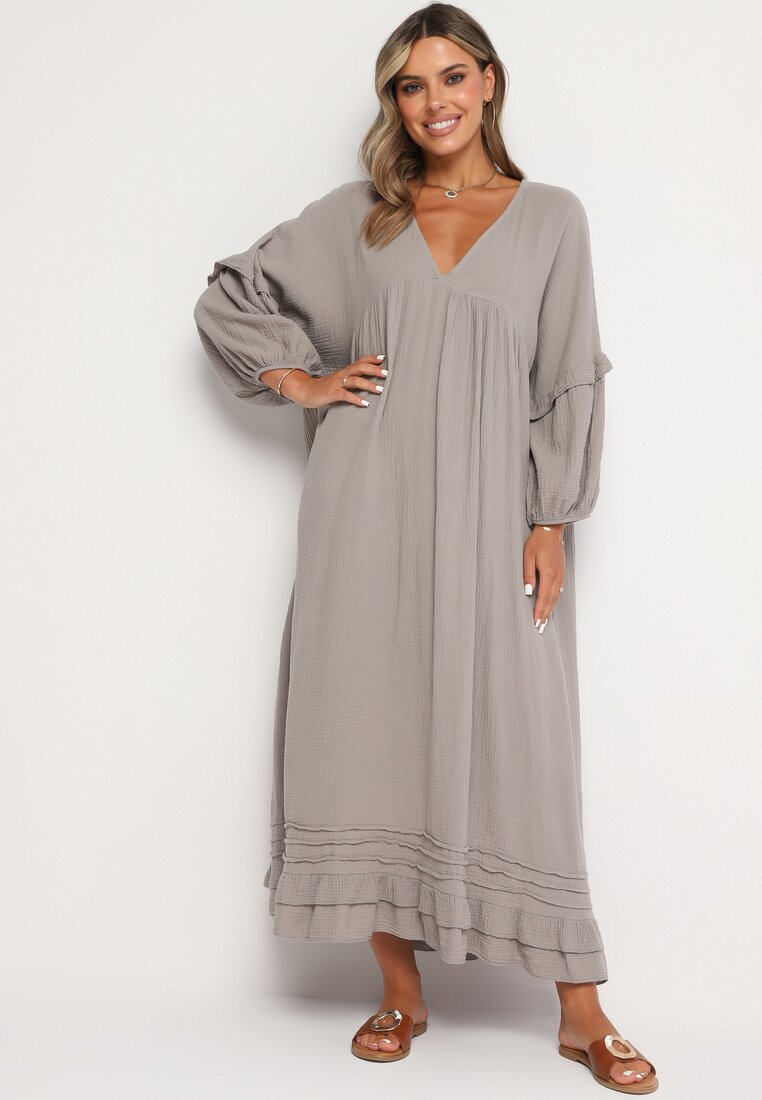 Rochie Bej închis din bumbac muselină cu volane Perisea