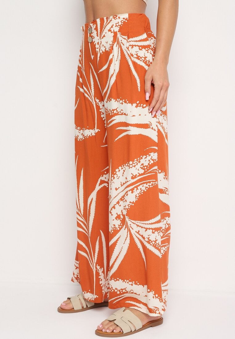 Pantaloni Culotte Portocalii din Viscoză cu Talie Înaltă și Bandă Elastică în Talie Decorați cu Frunze Vimarissa