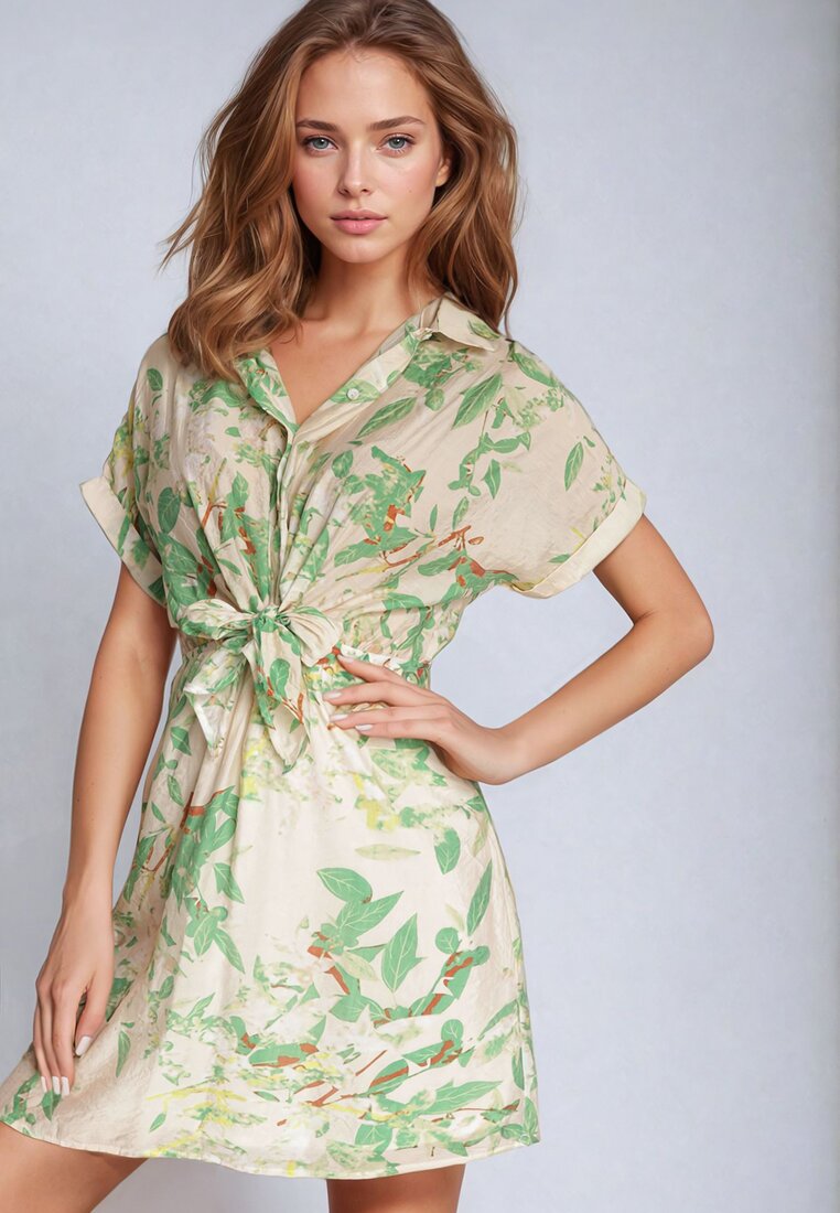 Rochie Verde Cambrată cu Guler tip Cămașă cu Imprimeu Abstract Namselle