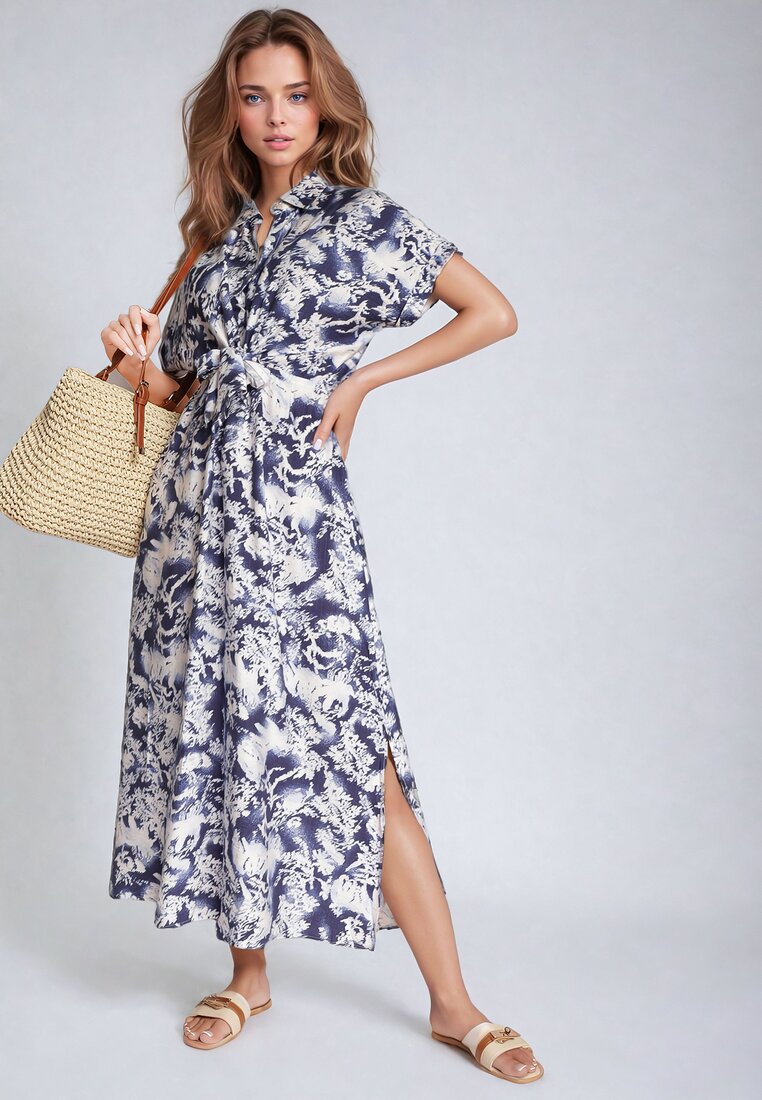 Rochie Albastră-Albă Cambrată cu elastic în talie închisă cu nasturi Nasica