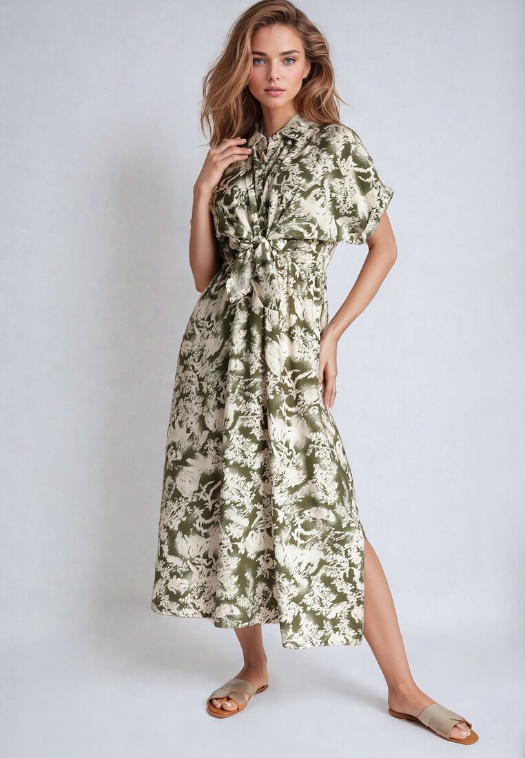 Rochie Verde-Bej Taliată cu elastic în talie Închisă cu nasturi Nasica