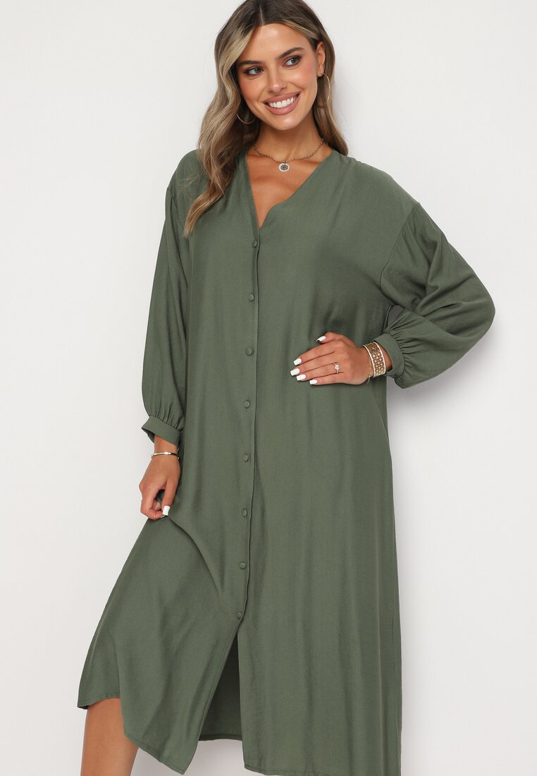 Rochie Cămașă Verde închis cu Vâscoză și Mâneci Bufante Clarisea