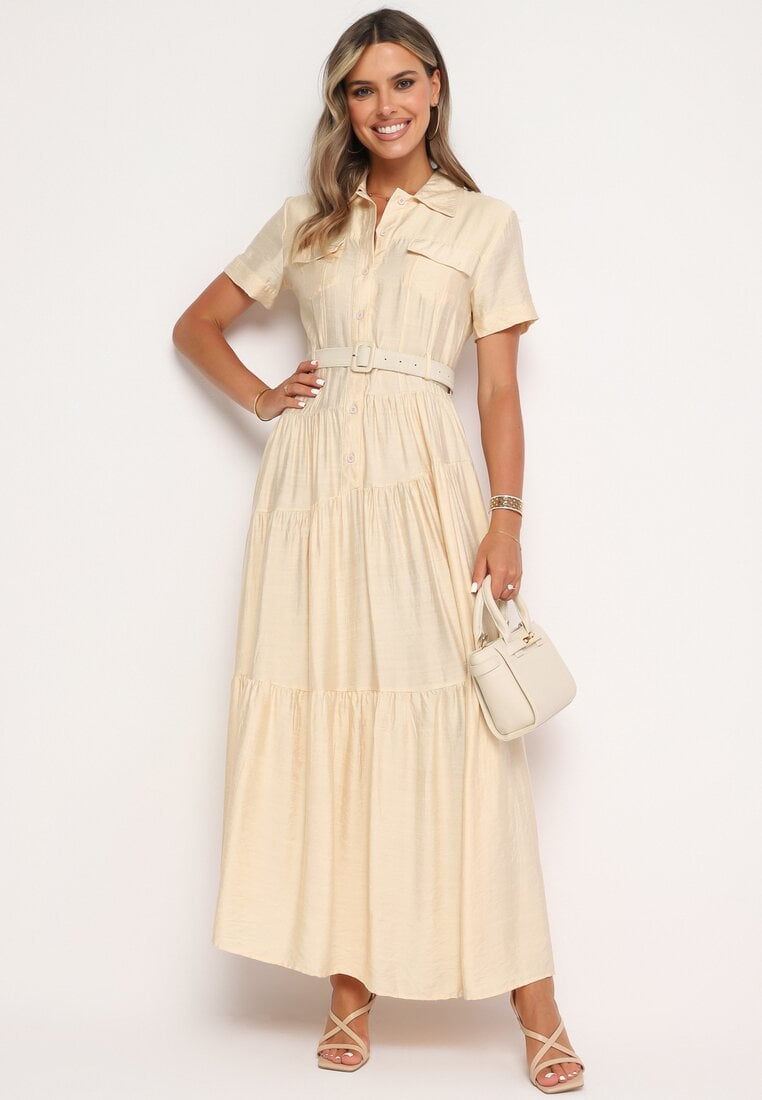 Rochie cămașă Bej cu croială evazată cu curea în talie Vimorise