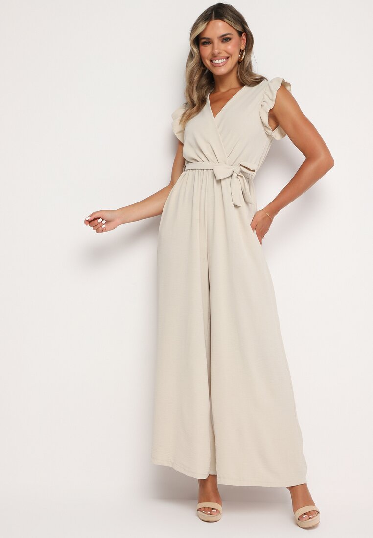 Salopetă Bej Cambrată de Cocktail cu centură în talie și volane la umeri Vimarine