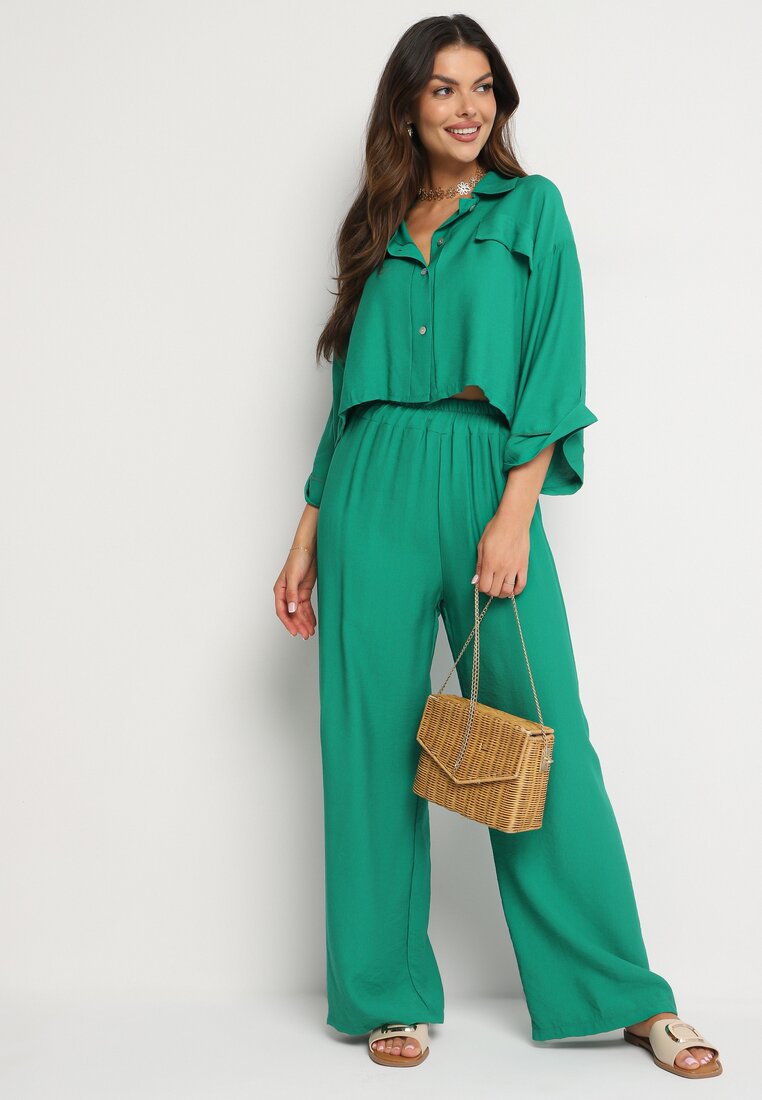 Komplet Două Piese Verde din Viscoză Cămașă cu Nasturi Pantaloni cu Elastic în Talie Vimarenes