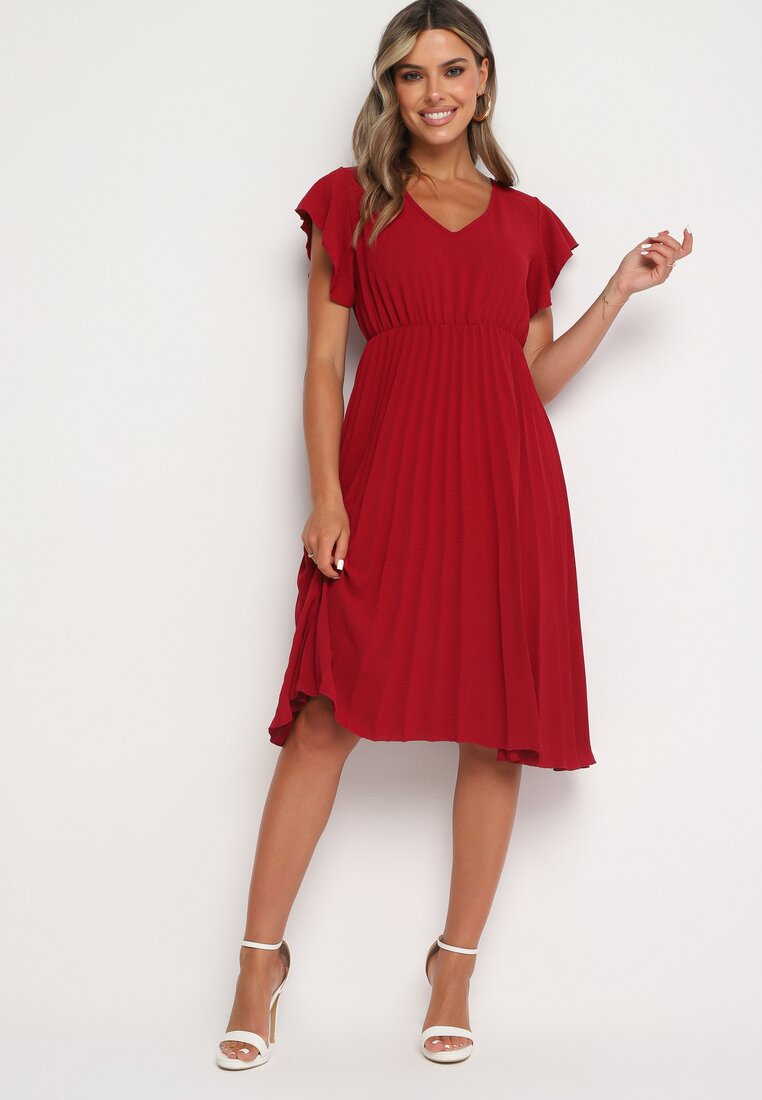 Rochie Bordo Plisată cu o croială evazată și decolteu triunghiular Rissara