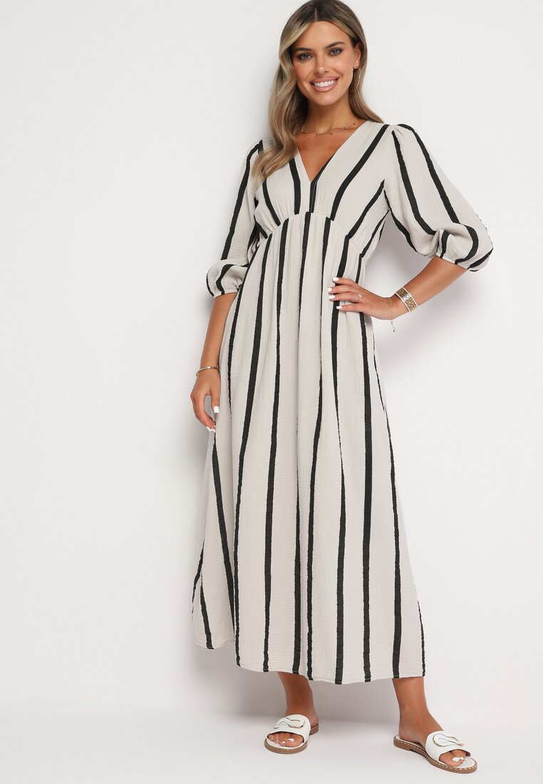 Rochie Alb-Negru Cintrata din Bumbac cu Dungi Rivettes